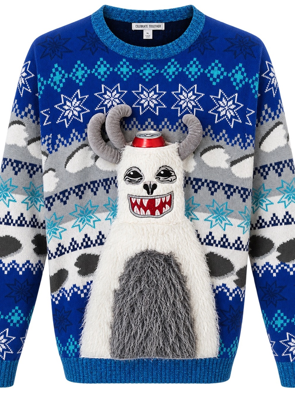 Celebrate Together XL Ugly Christmas Sweater Yeti 3D Drink Holder Blue